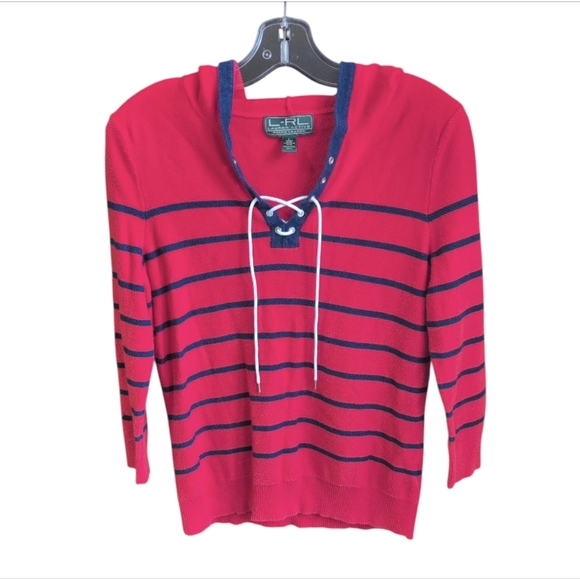 Lauren Ralph Lauren red striped lace up hooded waffled sweater L - Picture 2 of 8